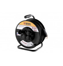 Силовой удлинитель на стальной катушке DENZEL, КГ 3х2,5 мм, 50м, 4 розетки, 16А, 95993