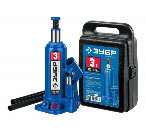 ЗУБР 3 т, 192-374 мм, домкрат бутылочный гидравлический в кейсе 43060-3-K_z01 Профессионал
