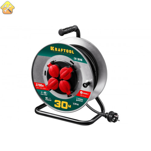 Удлинитель на катушке KRAFTOOL 30м, 3700Вт, 4 гнезда, IP44, КГ 3х1.5 кв.мм, 55085-30