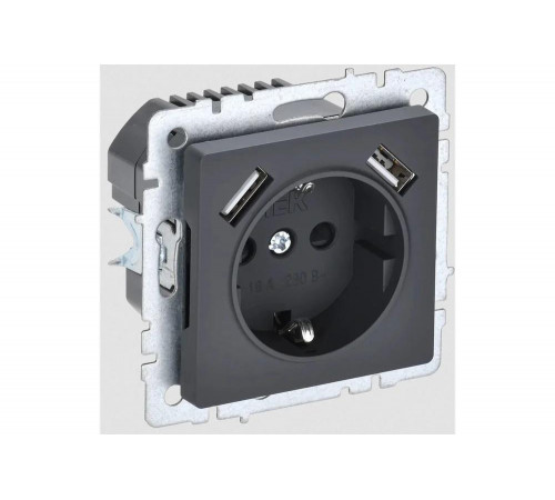 1-местная розетка IEK Brite с заземлением с защитными шторками 16а с usb a+a 5в 3,1а рюш10-2-брг графит BR-R14-16-U21-D31-K53