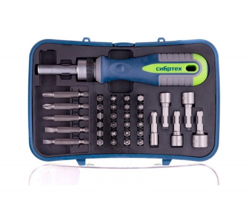 Реверсивная отвертка с набором бит и торцевыми головками, 35 шт. СИБРТЕХ 13337