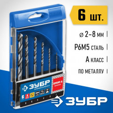 ЗУБР 6 шт. (Ø 2-8 мм), Р6М5, НЕХ 1/4", класс A, Р6М5, набор сверл спиральных по металлу 29623-H6_z01