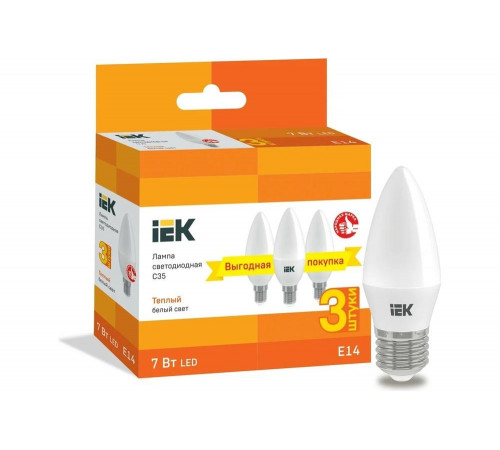 Лампа IEK LED C35 свеча 7Вт 230В 3000К E14 3шт/упак LLE-C35-07-230-30-E14-3