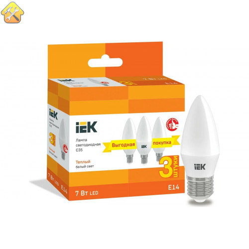 Лампа IEK LED C35 свеча 7Вт 230В 3000К E14 3шт/упак LLE-C35-07-230-30-E14-3